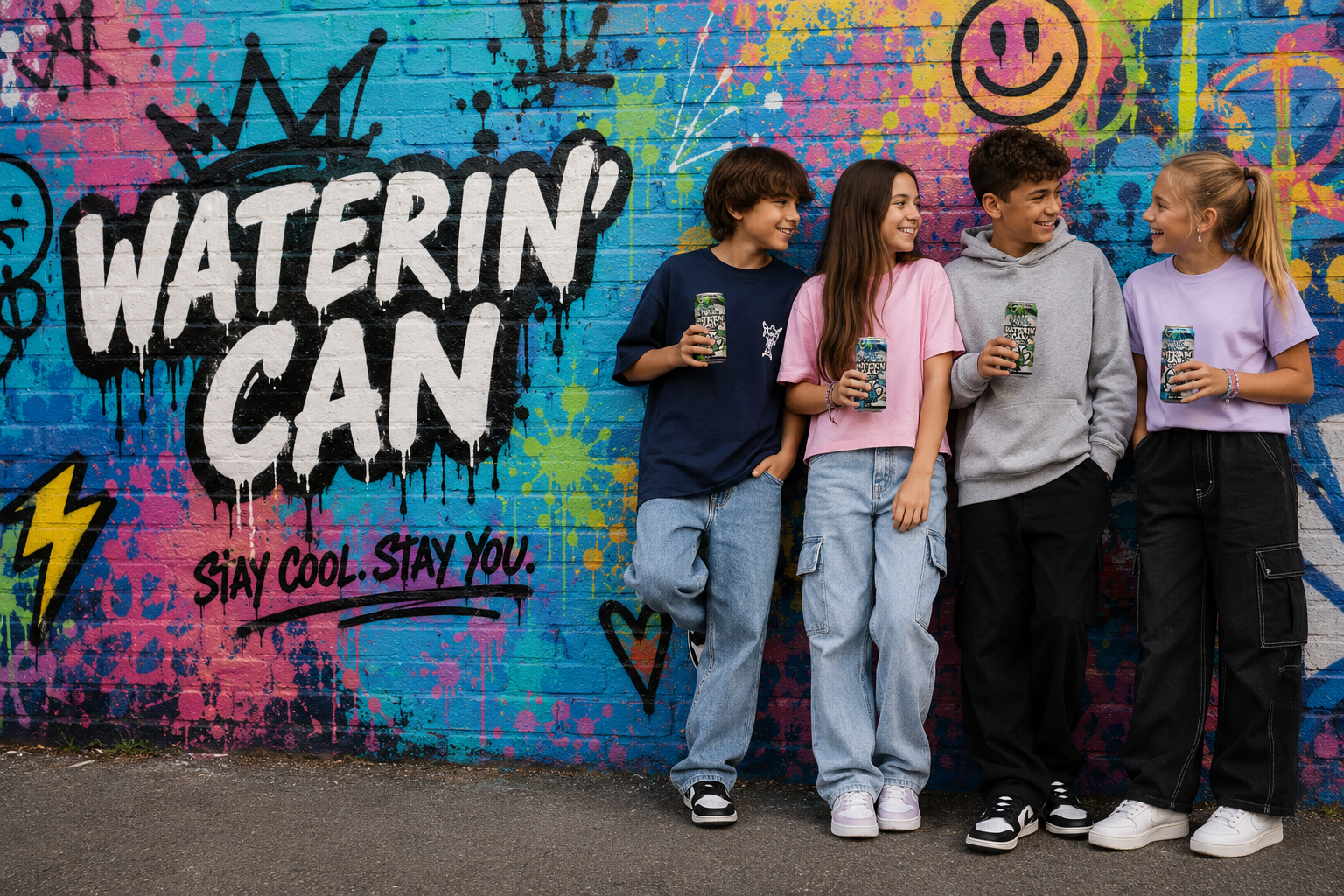 Four young people standing together in front of a colorful graffiti wall, each holding a Waterin' Can beverage can.