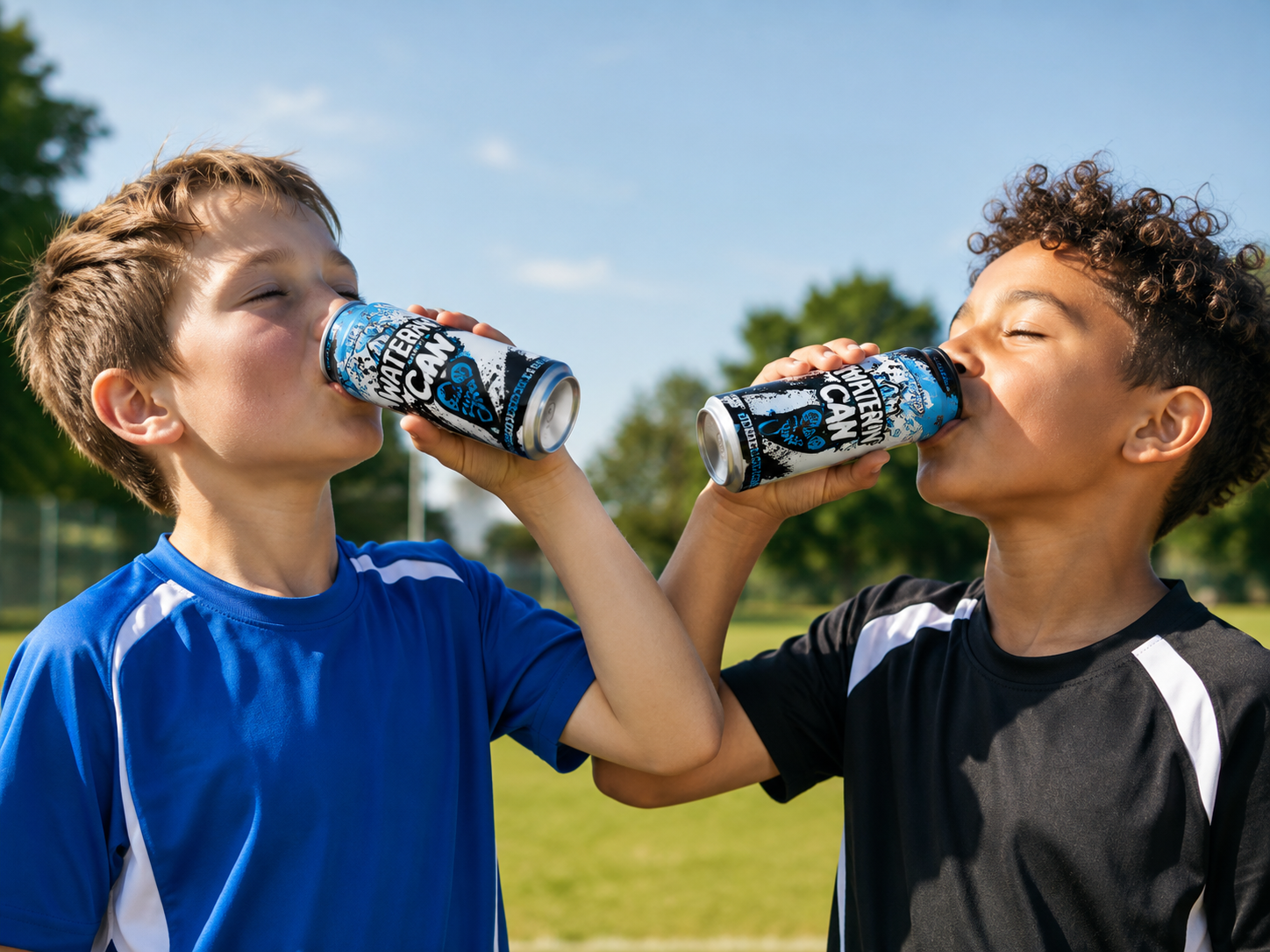 wo boys outdoors on a grassy field drinking from blue and white canned water cans, wearing athletic jerseys.