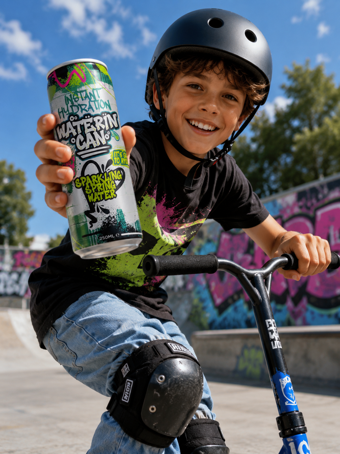 A smiling boy wearing a black helmet and knee pads on a scooter at a skatepark, holding up a can of Water Cannon Instant Hydration Sparkling Spring Water.